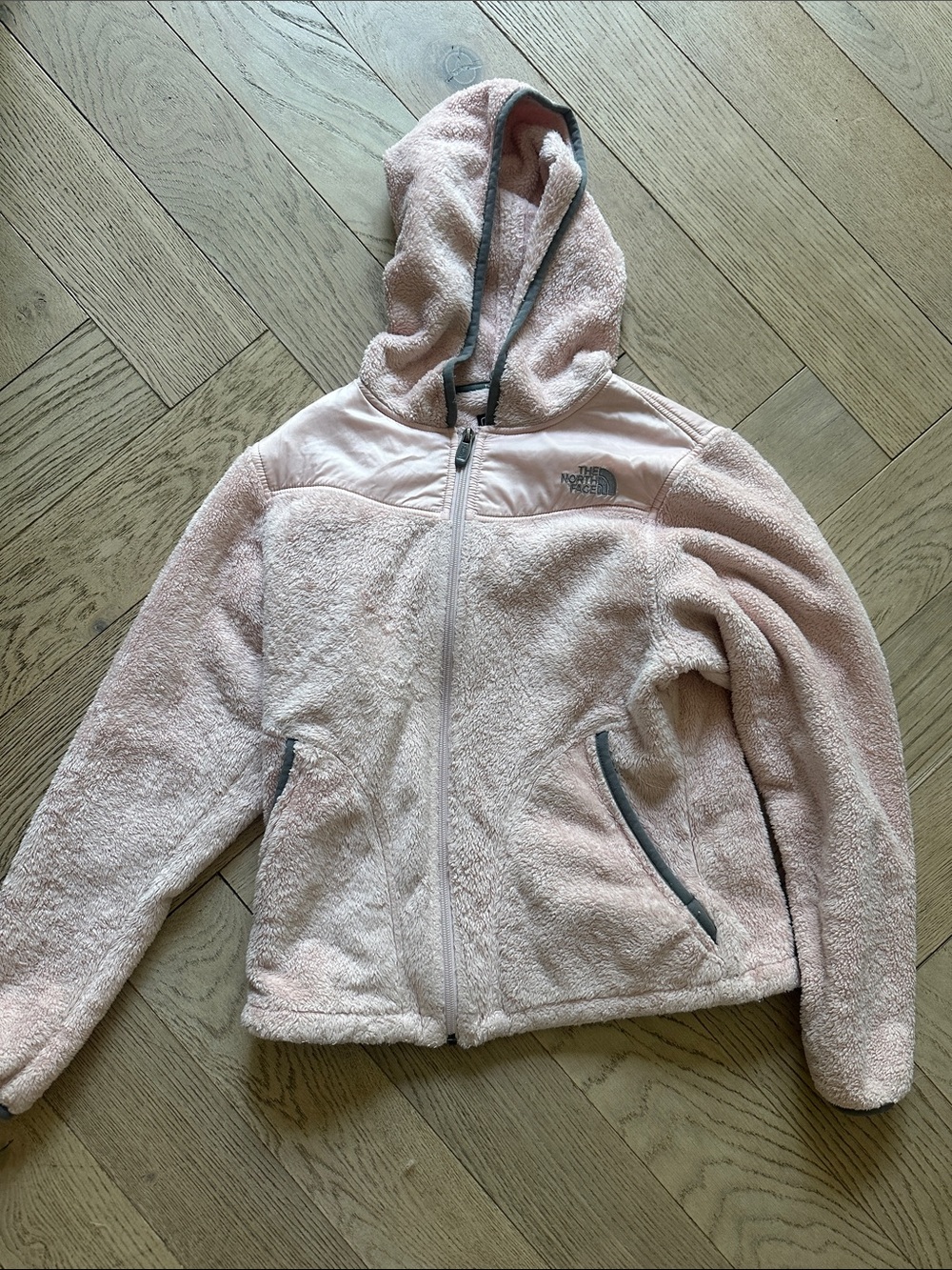 The North Face Light Pink Fleece Hooded Jacket with Gray Trim